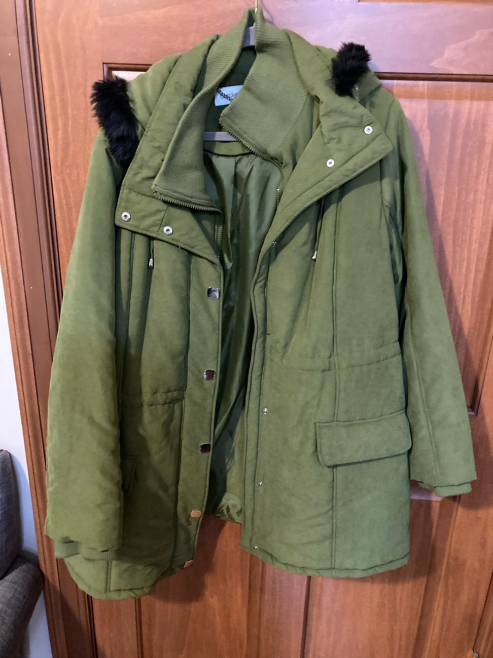 breckenridge Olive Green Puffer Coat with Faux Fur Trim